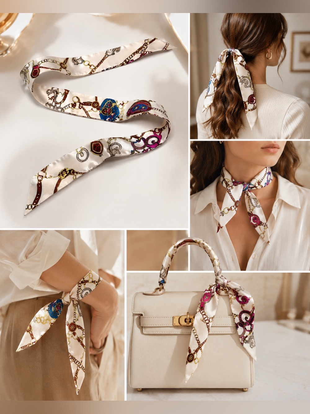 Equestrian Print Skinny Silk Scarf Hair Bag Accent